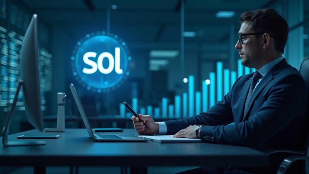 Nasdaq executive in a modern office, SOL hologram and ascending chart illustrating institutional accumulation.