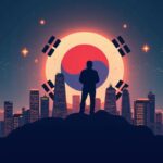 Silhouette of a South Korean investor in front of a globe, US tech and crypto icons, ascending graphs, and ETFs.