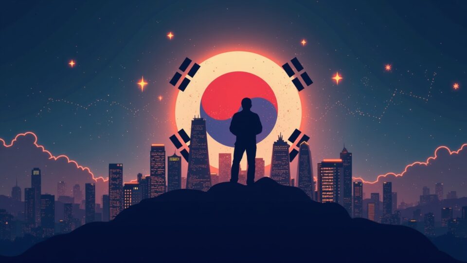Silhouette of a South Korean investor in front of a globe, US tech and crypto icons, ascending graphs, and ETFs.