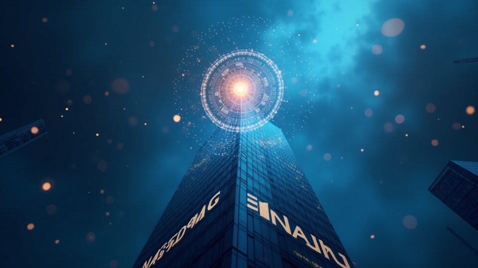 Photorealistic token rising above Nasdaq skyscrapers, with RWA holograms and a blockchain glow.