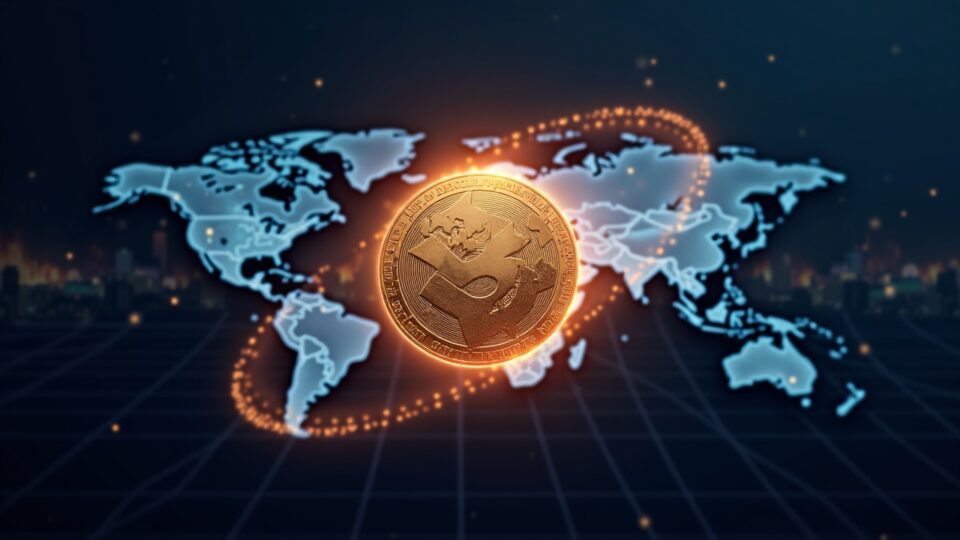 Glowing stablecoin symbol orbits a world map above a fintech grid and city skyline.