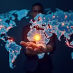 Global payments hub: figure holding a glowing stable token; neon rails connect banks across a world map.