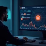 Professional investor in front of a monitor showing STAO on SIX, with the TAO token glowing and staking rewards.