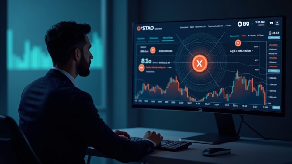 Professional investor in front of a monitor showing STAO on SIX, with the TAO token glowing and staking rewards.