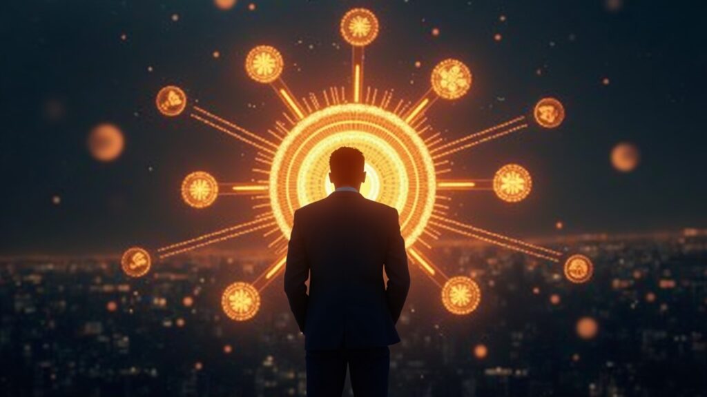Photorealistic portrait of an investor in front of an illuminated network of staking tokens, symbolizing institutional adoption.
