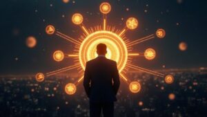 Photorealistic portrait of an investor in front of an illuminated network of staking tokens, symbolizing institutional adoption.