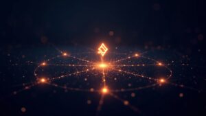 Logo of Stellar Lumens connected to institutional nodes and an ascending chart with sparks of Protocol 23.
