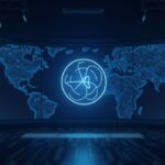 Photorealistic newscast with the Stellar Lumens logo in the center, interconnected payment networks and an ascending chart to 0,3314.