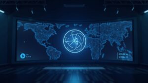 Photorealistic newscast with the Stellar Lumens logo in the center, interconnected payment networks and an ascending chart to 0,3314.