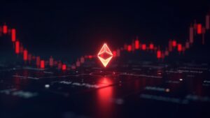 Crypto header with Stellar XLM logo, chart breaking 0-32 support, red candles and increasing volume, console glow.