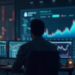 Photorealistic crypto trader at a desk observes Stellar's rebound after the 60% crash, with Protocol 23 and partners.