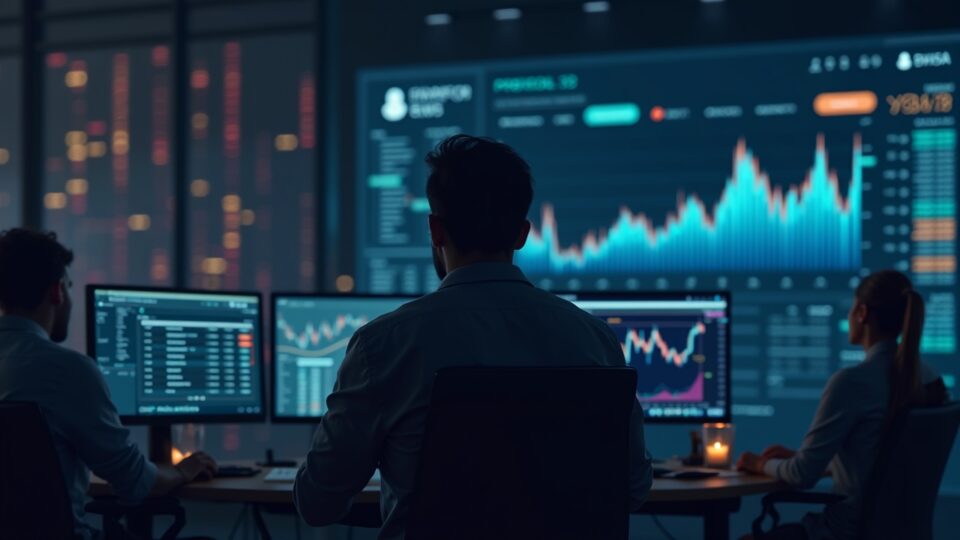 Photorealistic crypto trader at a desk observes Stellar's rebound after the 60% crash, with Protocol 23 and partners.