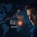 Photorealistic image of a professional next to the glowing Stellar logo, with an ascending chart and a global payments map