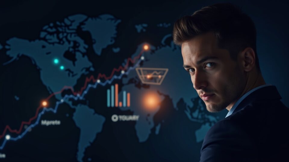 Photorealistic image of a professional next to the glowing Stellar logo, with an ascending chart and a global payments map
