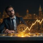 Financial analyst at a modern desk, holographic gold bars and an upward cryptocurrency chart with the Streamex logo.