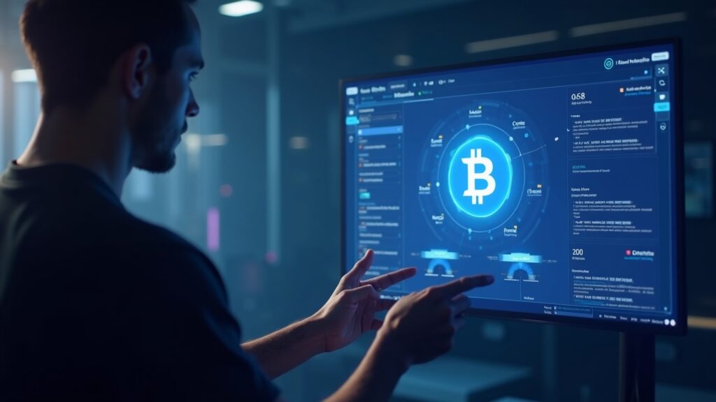 Developer presents a Sui app with BTCfi on a futuristic screen, showcasing interoperability and crypto creativity.
