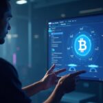 Developer presents a Sui app with BTCfi on a futuristic screen, showcasing interoperability and crypto creativity.