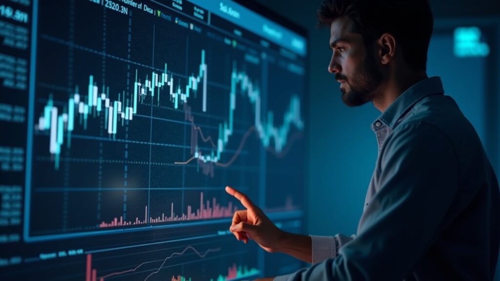 Senior portfolio executive evaluates crypto assets on screen with ticker and blockchain visuals, symbolizing adoption.