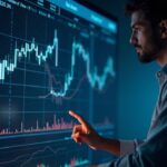 Senior portfolio executive evaluates crypto assets on screen with ticker and blockchain visuals, symbolizing adoption.
