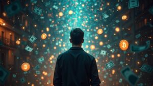 Diverse crypto trader in a photorealistic scene, holographic bills flow to Bitcoin and meme coins, with a tariff sign.