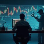 Bitcoin trader at a glass table while an attacker with a wrench is seen in the background, with bright crypto charts