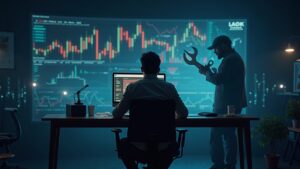 Bitcoin trader at a glass table while an attacker with a wrench is seen in the background, with bright crypto charts