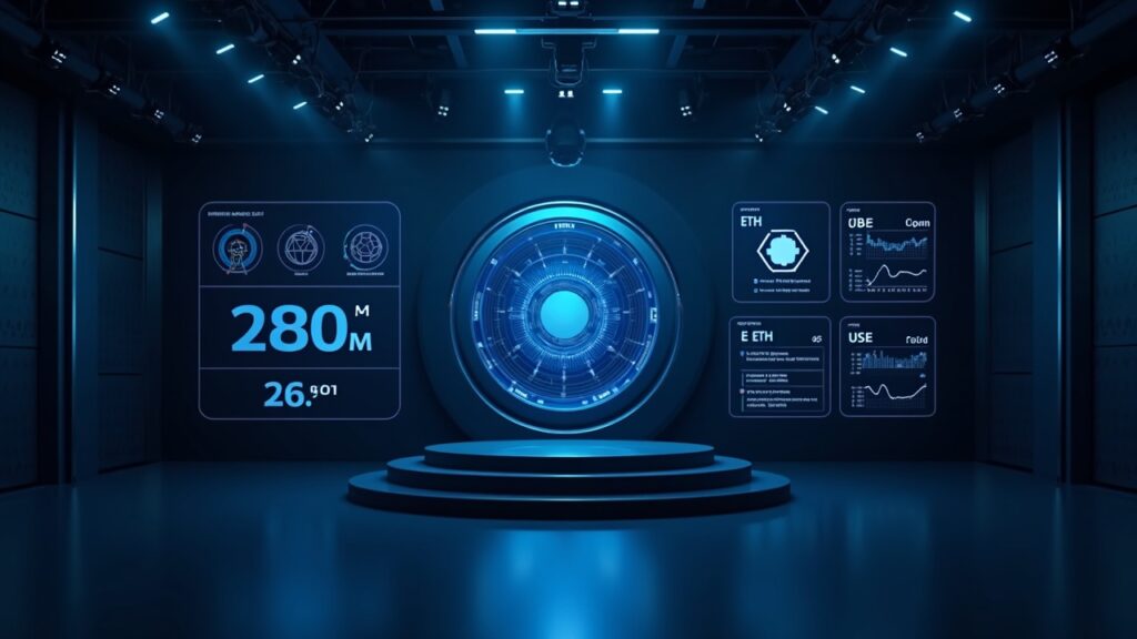 Photorealistic scene of a crypto liquidity dashboard with 280M in deposits, USDe and ETH, and delta-neutral hedging.
