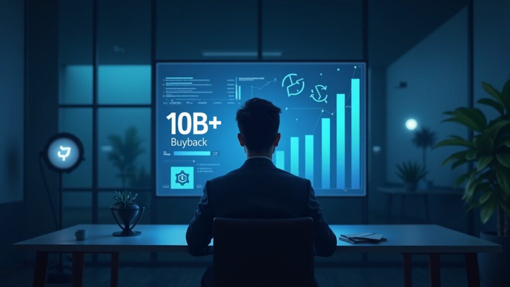 Fintech executive in a modern office, screen displays 10 billion and a buyback symbol next to the Tether logo.