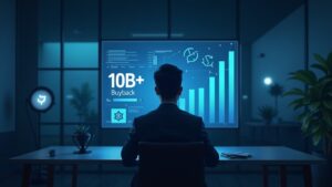 Fintech executive in a modern office, screen displays 10 billion and a buyback symbol next to the Tether logo.