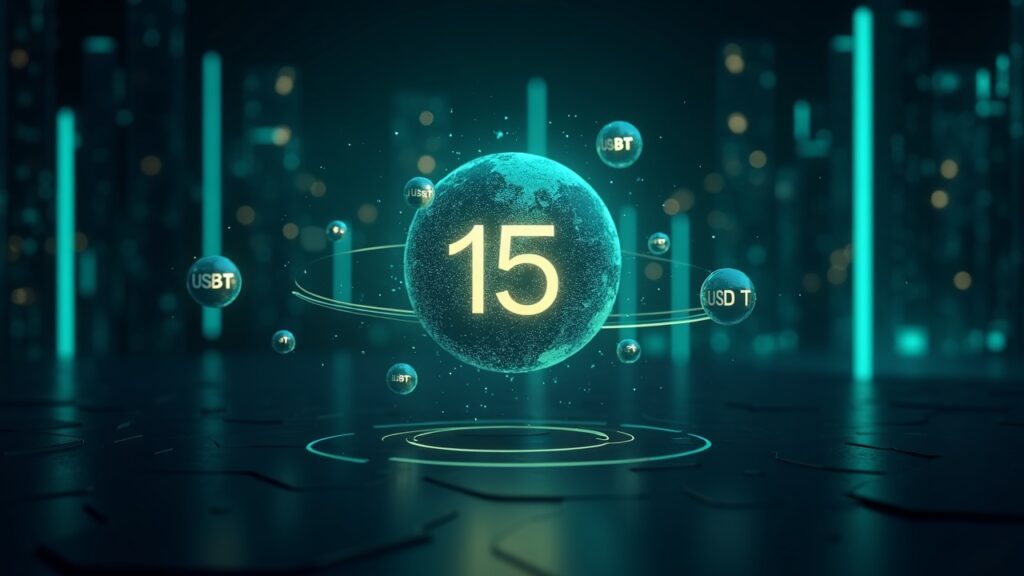 Photorealistic header: ticker 15 billion, USDT orbiting a blockchain globe, blue-green background of crypto IPO news.