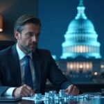 Crypto executive in a modern office, holographic tokens and the Capitol dome, symbolizing political influence.