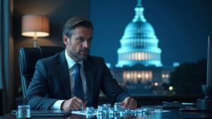 Crypto executive in a modern office, holographic tokens and the Capitol dome, symbolizing political influence.