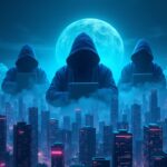 Three hackers in silhouette over a neon crypto city, with blockchain nodes and cloud servers.