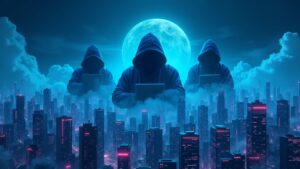 Three hackers in silhouette over a neon crypto city, with blockchain nodes and cloud servers.