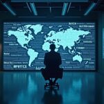 Journalist in a realistic newsroom facing an illuminated headline portal and keywords in a blockchain network.