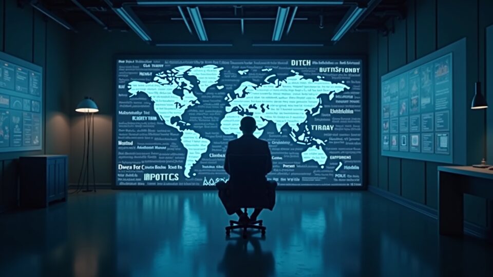 Journalist in a realistic newsroom facing an illuminated headline portal and keywords in a blockchain network.
