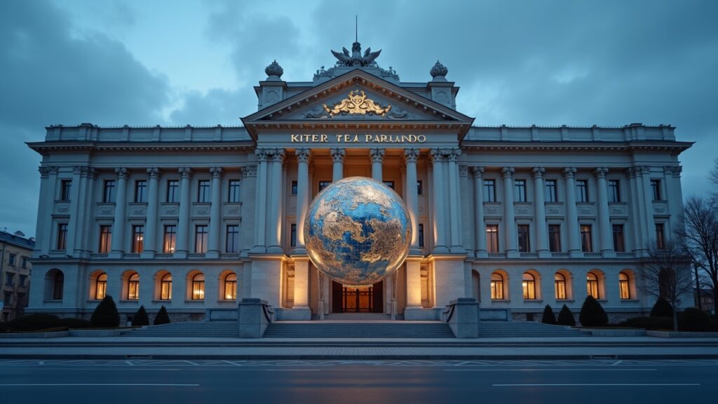 Facade of the Central Bank of Russia with a token connecting to a globe, symbolizing the tokenization of shares for foreigners.