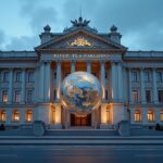 Facade of the Central Bank of Russia with a token connecting to a globe, symbolizing the tokenization of shares for foreigners.