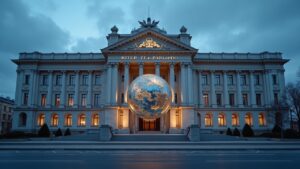 Facade of the Central Bank of Russia with a token connecting to a globe, symbolizing the tokenization of shares for foreigners.