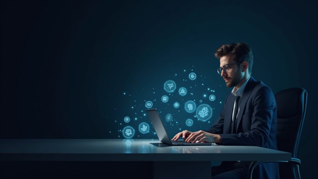 Treasurer at a sleek desk with holographic blockchain tokens illustrating tokenized deposits and instant programmable payments.