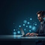 Treasurer at a sleek desk with holographic blockchain tokens illustrating tokenized deposits and instant programmable payments.