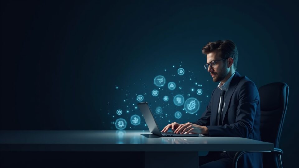 Treasurer at a sleek desk with holographic blockchain tokens illustrating tokenized deposits and instant programmable payments.