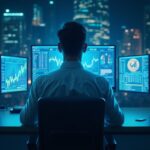 Central trader with five holographic windows of investors and crypto charts.