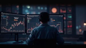 Realistic trader watches monitor showing a BNB memecoin spike, micro trades, with a CZ-like avatar in the background.
