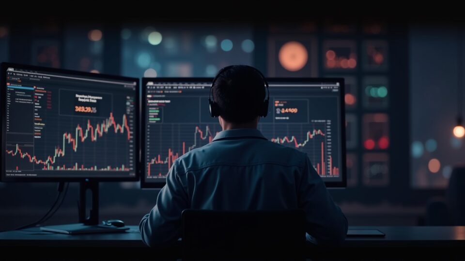 Realistic trader watches monitor showing a BNB memecoin spike, micro trades, with a CZ-like avatar in the background.