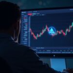 Crypto-native trader in front of a neon panel with BTC and ETH logos; open interest falls, background with a blockchain network.