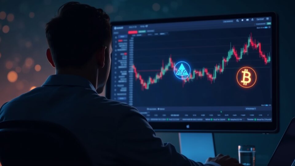 Crypto-native trader in front of a neon panel with BTC and ETH logos; open interest falls, background with a blockchain network.