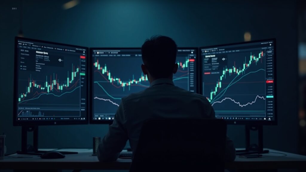 Trading professional in front of a monitor with crypto options charts, showing ETH, SOL, XRP and the CME logo.