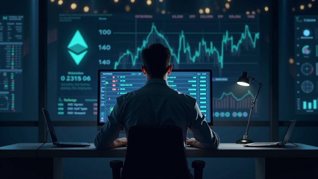 Photorealistic trader at a modern desk, on-chain stock ticker and Ethereum background, showing DeFi trading and risks.