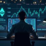 Photorealistic trader at a modern desk, on-chain stock ticker and Ethereum background, showing DeFi trading and risks.